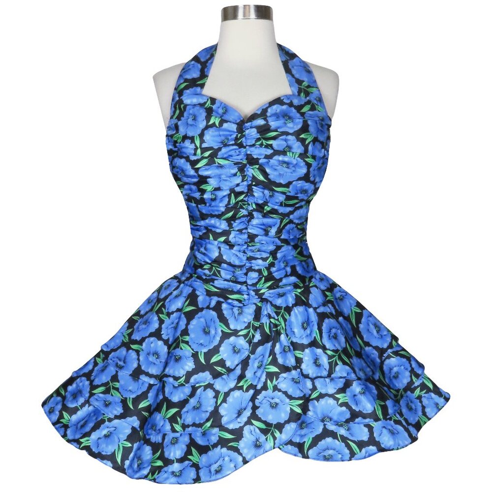 Vintage 80s Floral Halter Blue Mini Hi Lo Skirt Poppy Prom Party Dress Top S